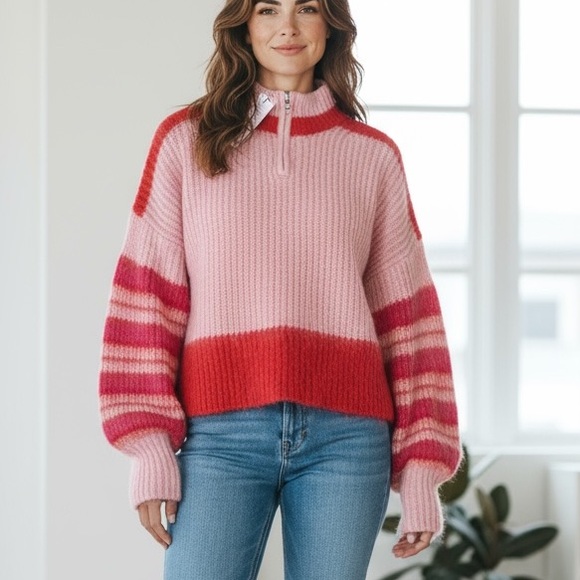 French Connection Sweater Medium Red Pink Nika Quarter Zip Striped Chunky - Picture 1 of 7